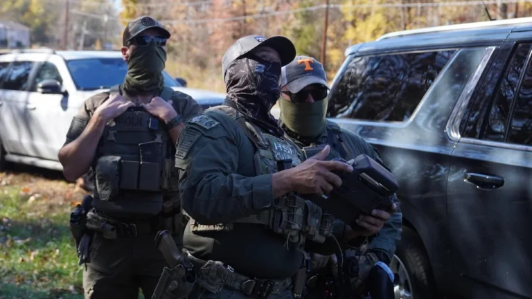 American flag waving over breaking news headlines collage November 2025